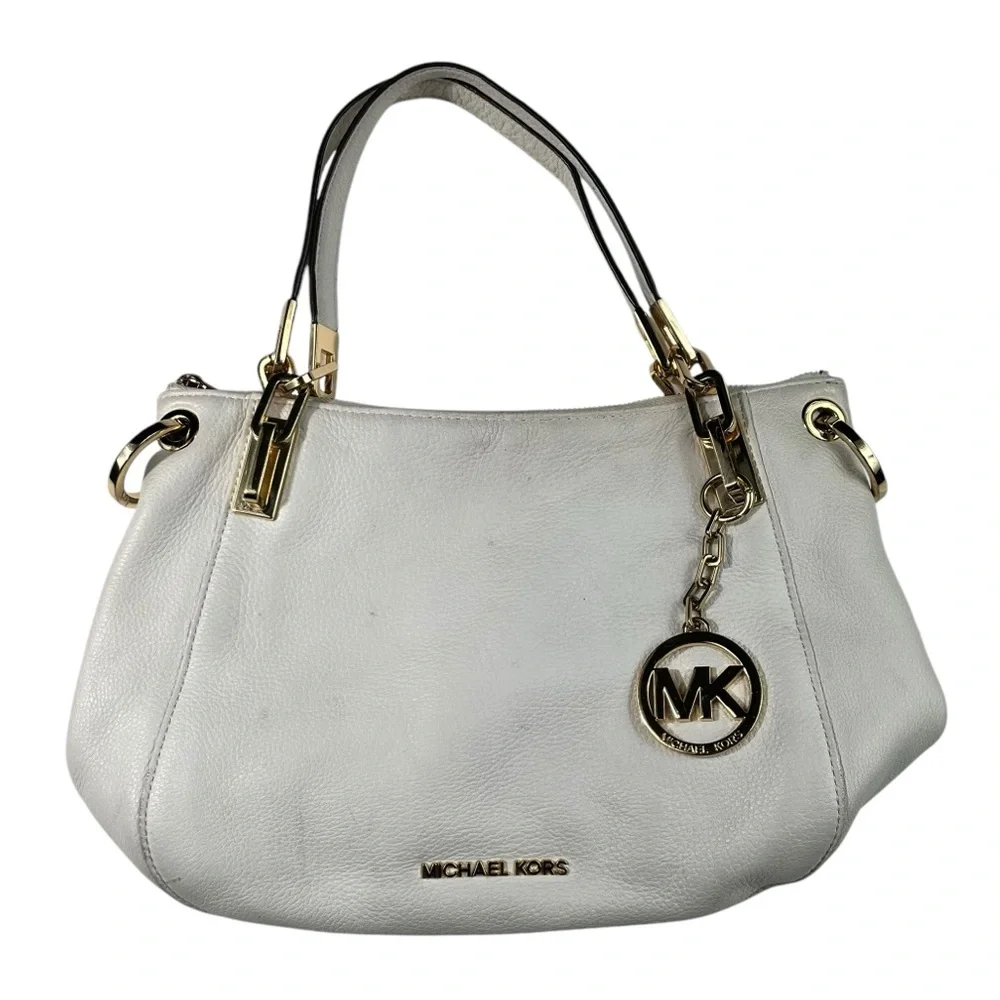 Michael Kors Brooke White Pebbled Leather Shoulder Bag Gold Hardware Medium